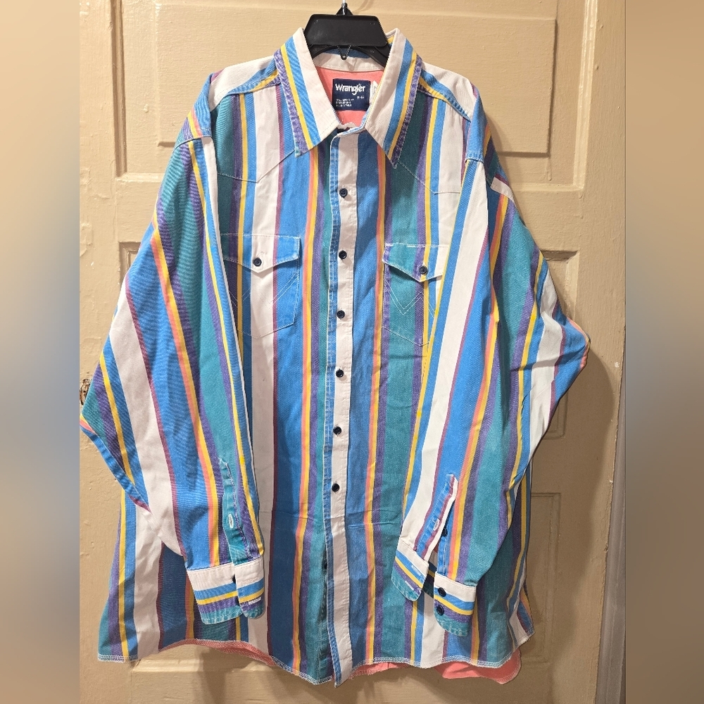 Vintage Wrangler Brushpopper 90s Striped X-Long Tails Western Button Down